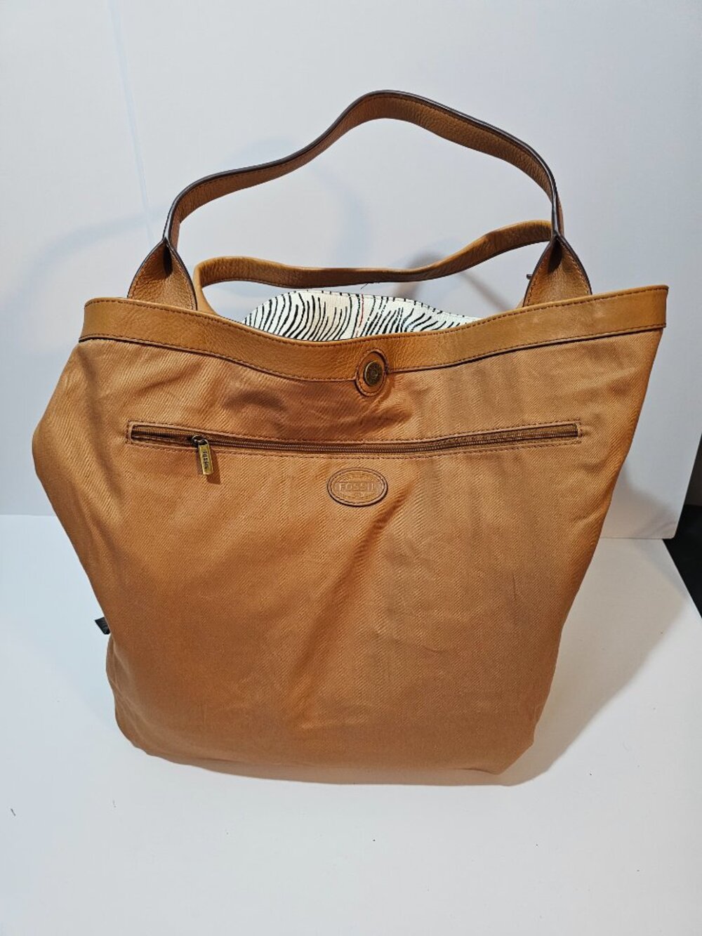 Fossil Bag Tote Leather Ripple Stripe White Camel Casual Office - Picture 7 of 13